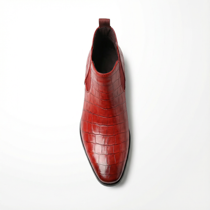 Front view of premium genuine leather men's Chelsea boots, highlighting craftsmanship and elegant toe.