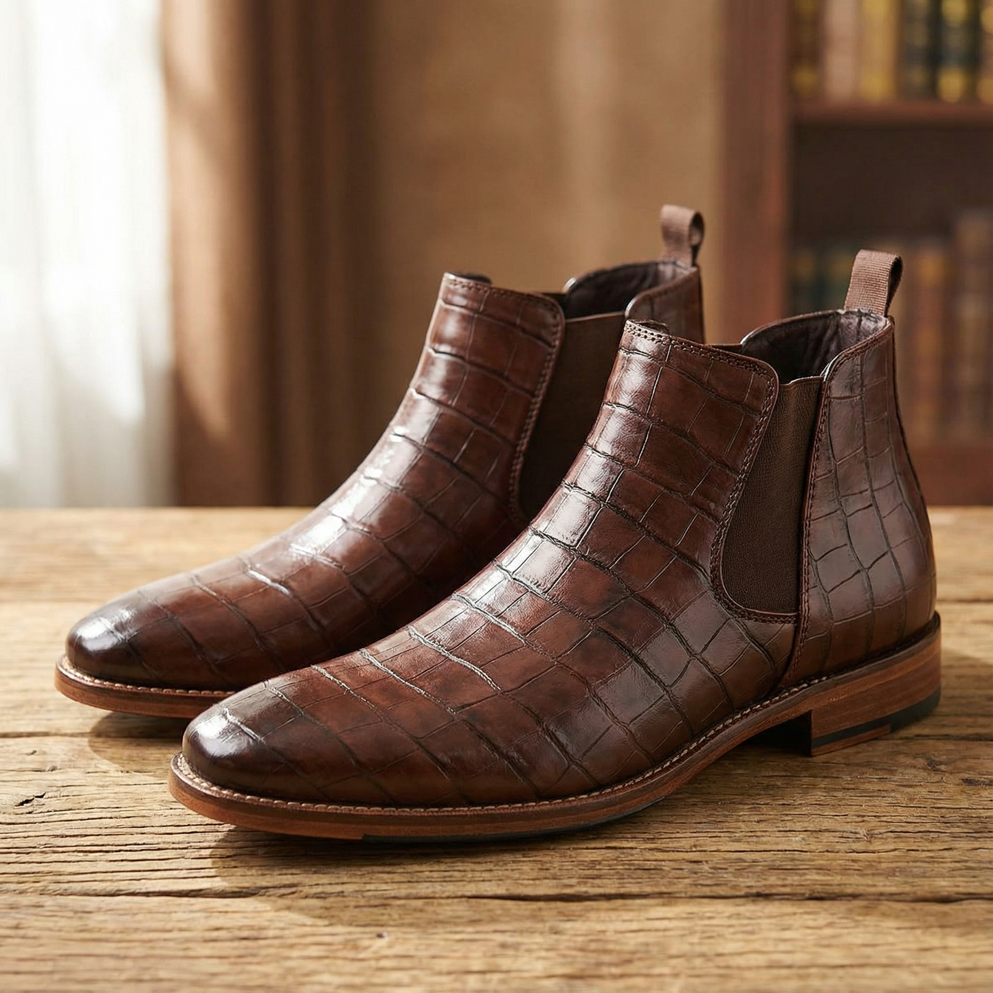 Classic brown men's leather Chelsea boots, ideal for casual outfits or dressier urban events.