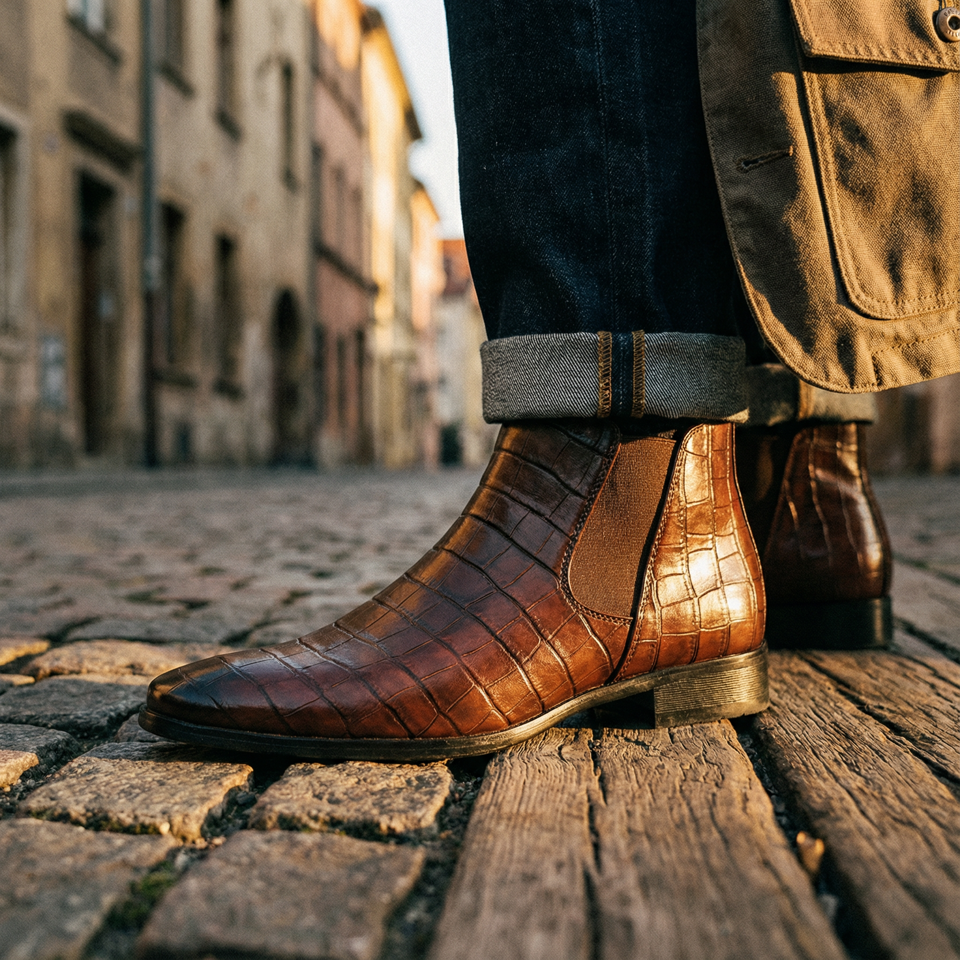 Distinctive green men's leather Chelsea boots, adding a unique and stylish touch to any ensemble.