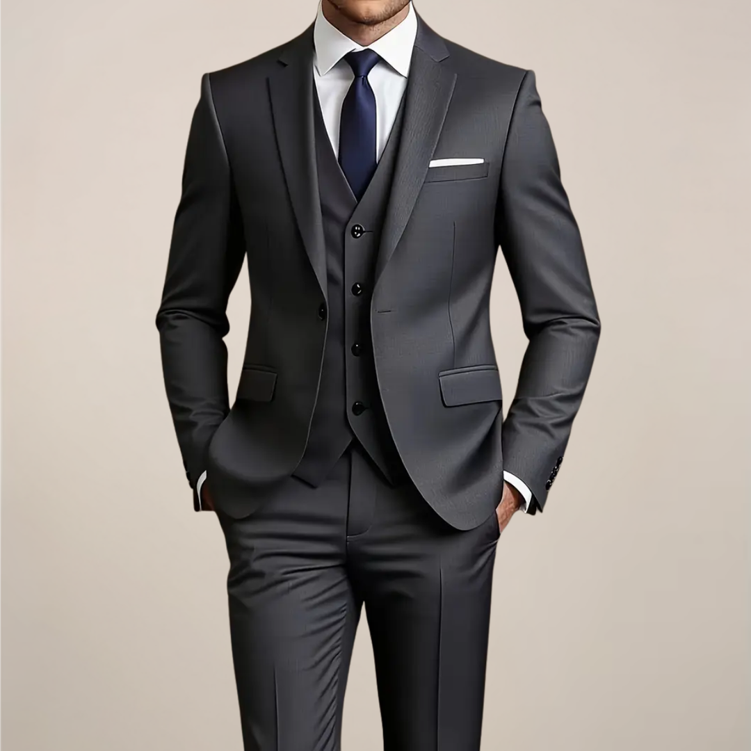 Men's dark grey slim fit 3-piece suit, perfect for formal events, weddings, or business. Tailored and elegant.