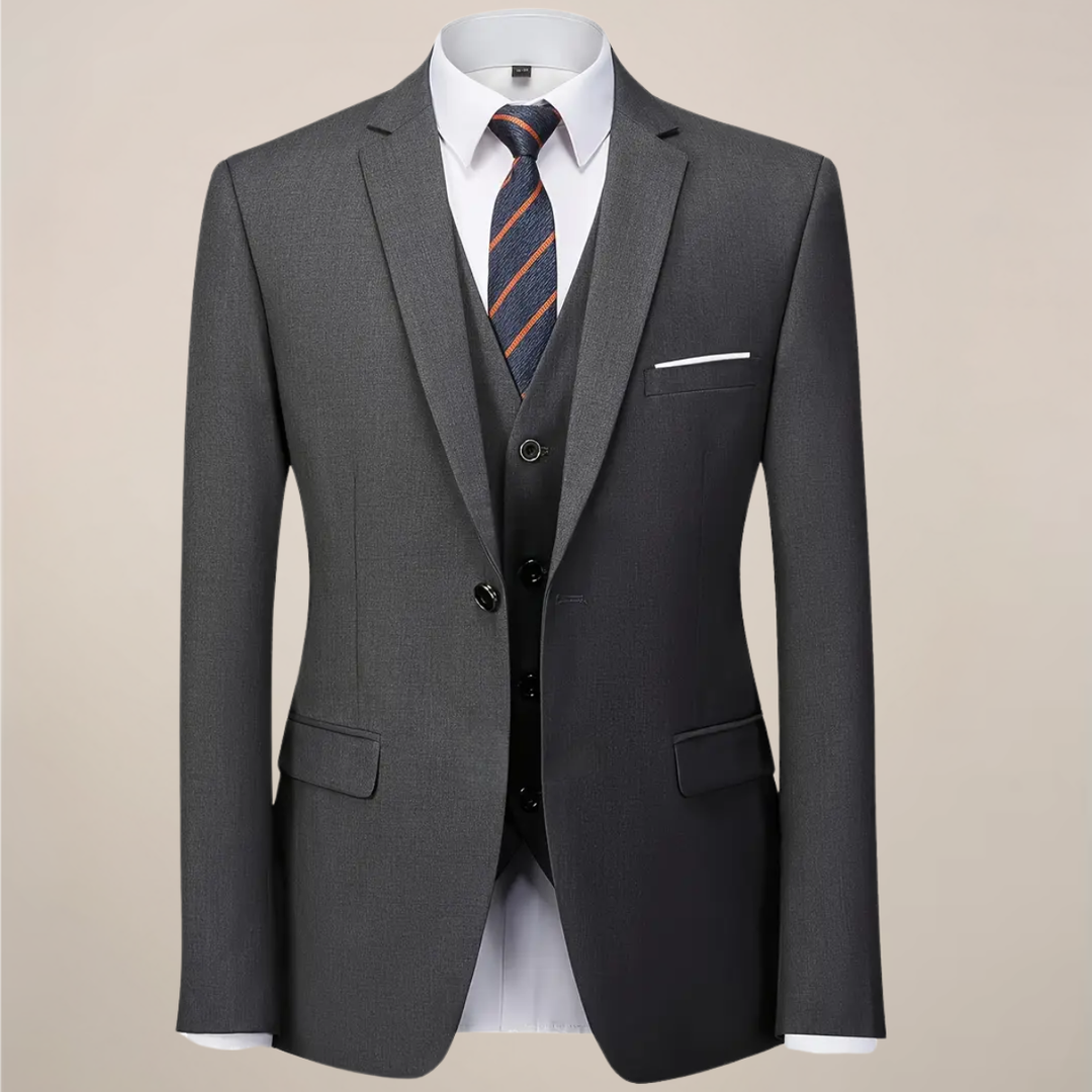Sharp men's slim fit dark grey 3-piece suit with vest. Ideal professional attire for business or special occasions.