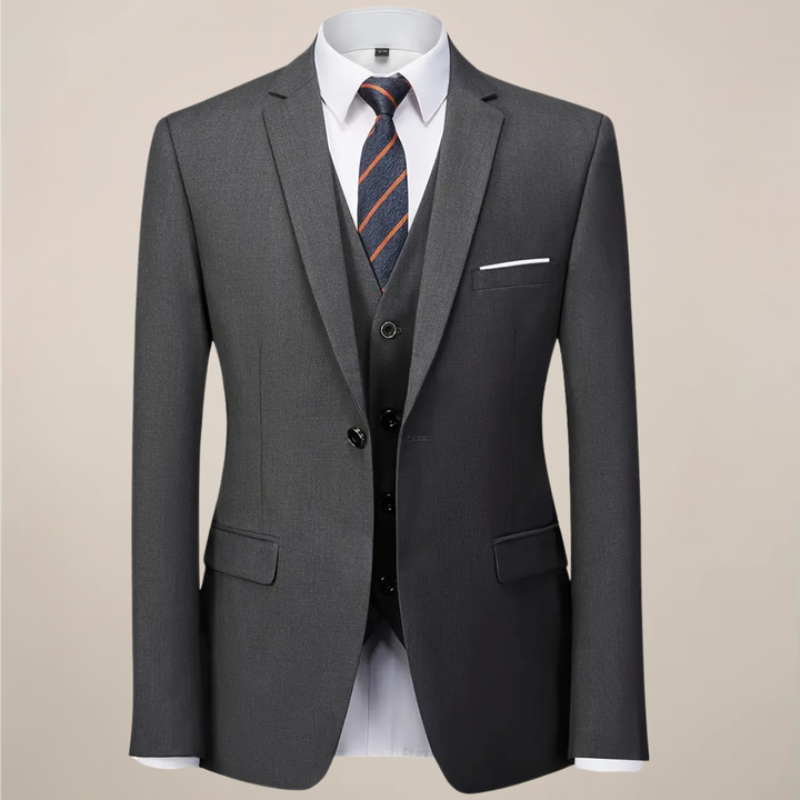 Sharp men's slim fit dark grey 3-piece suit with vest. Ideal professional attire for business or special occasions.