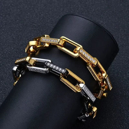 Men's dazzling gold chainlink bracelet, stainless steel, adorned with sparkling zirconia stones.