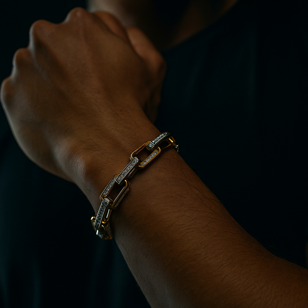 Durable men's stainless steel chainlink bracelet, gold-plated, featuring brilliant zirconia stones.