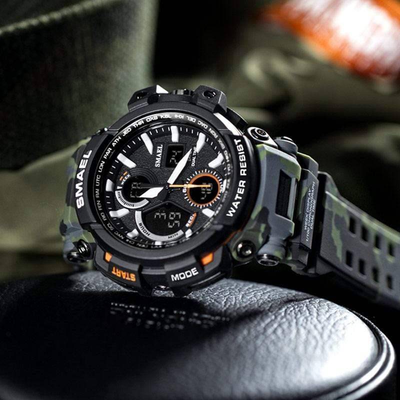 Men's digital analog dual time camouflage military watch; rugged outdoor gear, waterproof sport wrist watch.