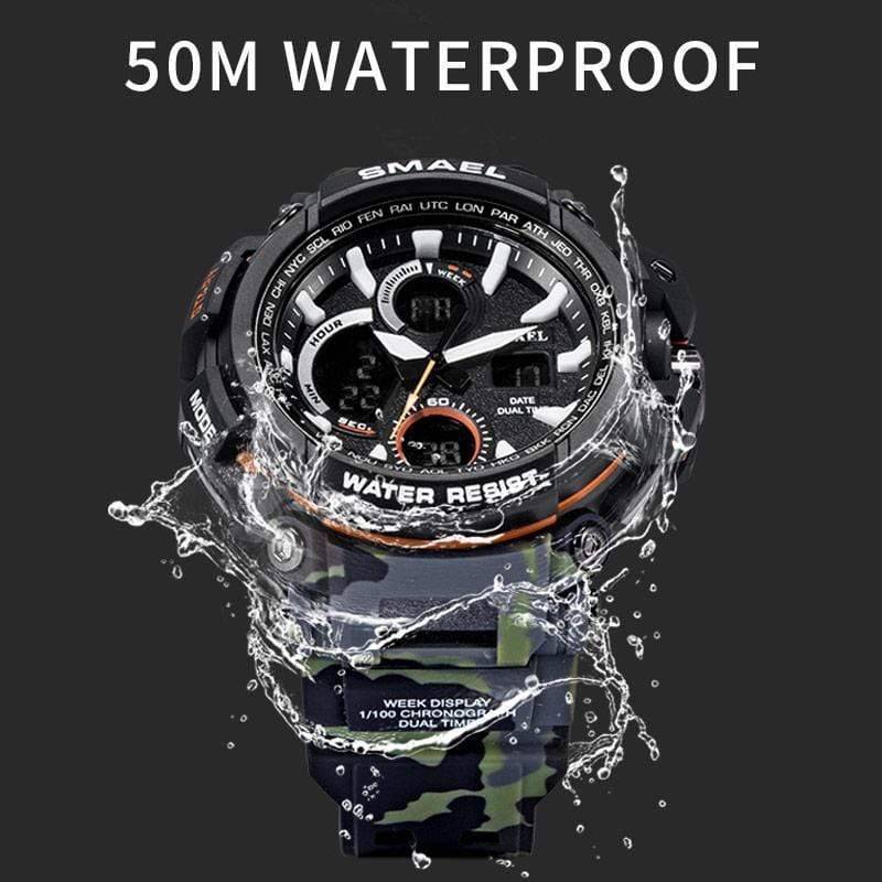 Close-up of men's military watch, tactical camouflage design, dual time display, perfect for outdoor activities.