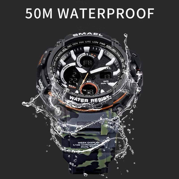Close-up of men's military watch, tactical camouflage design, dual time display, perfect for outdoor activities.