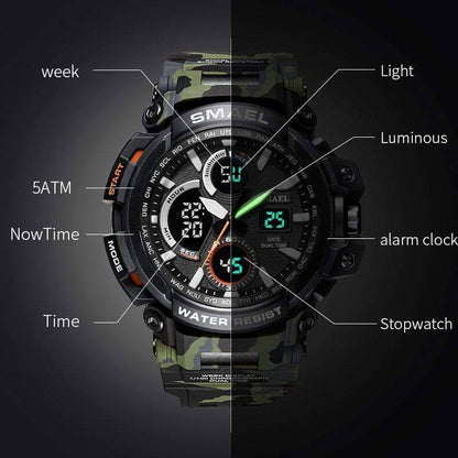 Men's sport watch with digital and analog displays, camouflage pattern, waterproof for active lifestyles.
