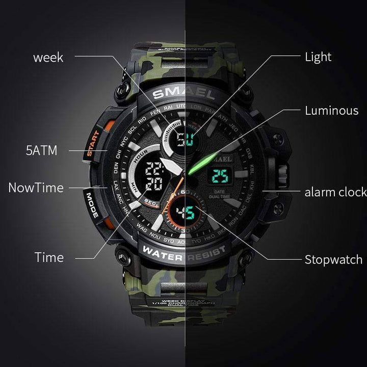 Men's sport watch with digital and analog displays, camouflage pattern, waterproof for active lifestyles.