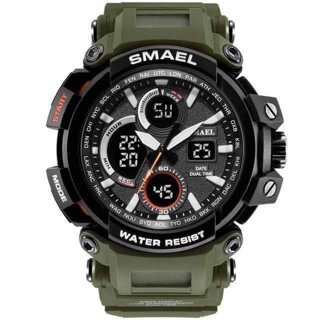 Tactical men's camouflage wrist watch featuring dual time zones, durable and waterproof design for military use.