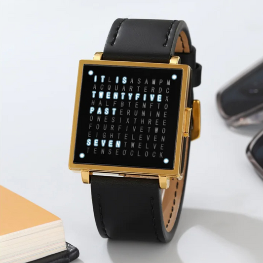 Men's digital LED watch with black leather strap & square face. Modern, minimalist accessory.