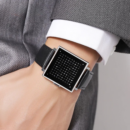 Front view of a men's square face digital LED watch with a black leather strap, showcasing the display.