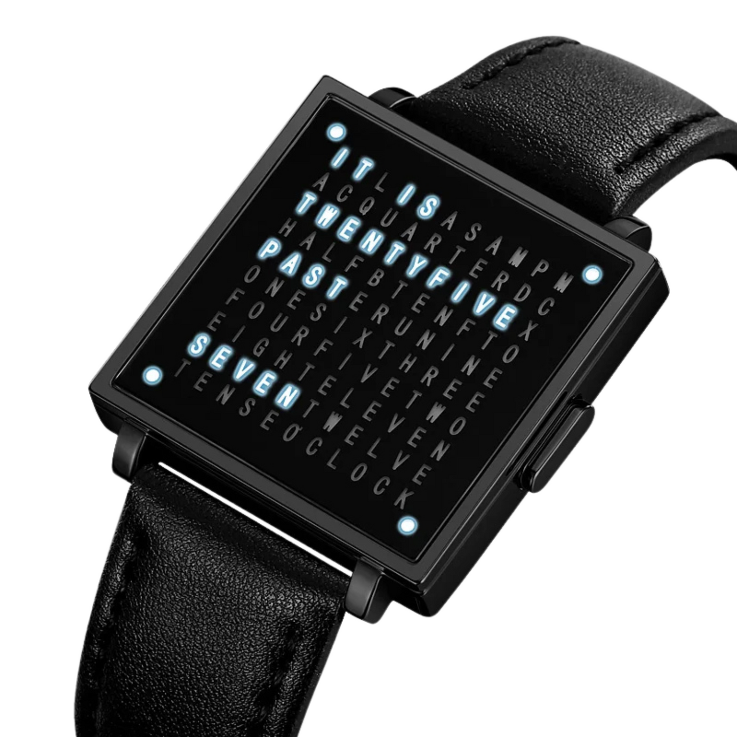 Men's elegant digital LED watch with a smooth leather strap worn on a wrist, perfect for modern style.