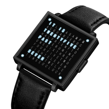 Men's elegant digital LED watch with a smooth leather strap worn on a wrist, perfect for modern style.
