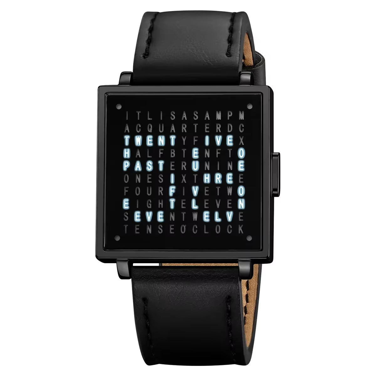 Sleek, minimalist men's digital LED watch with a square display & refined leather strap. A key accessory.