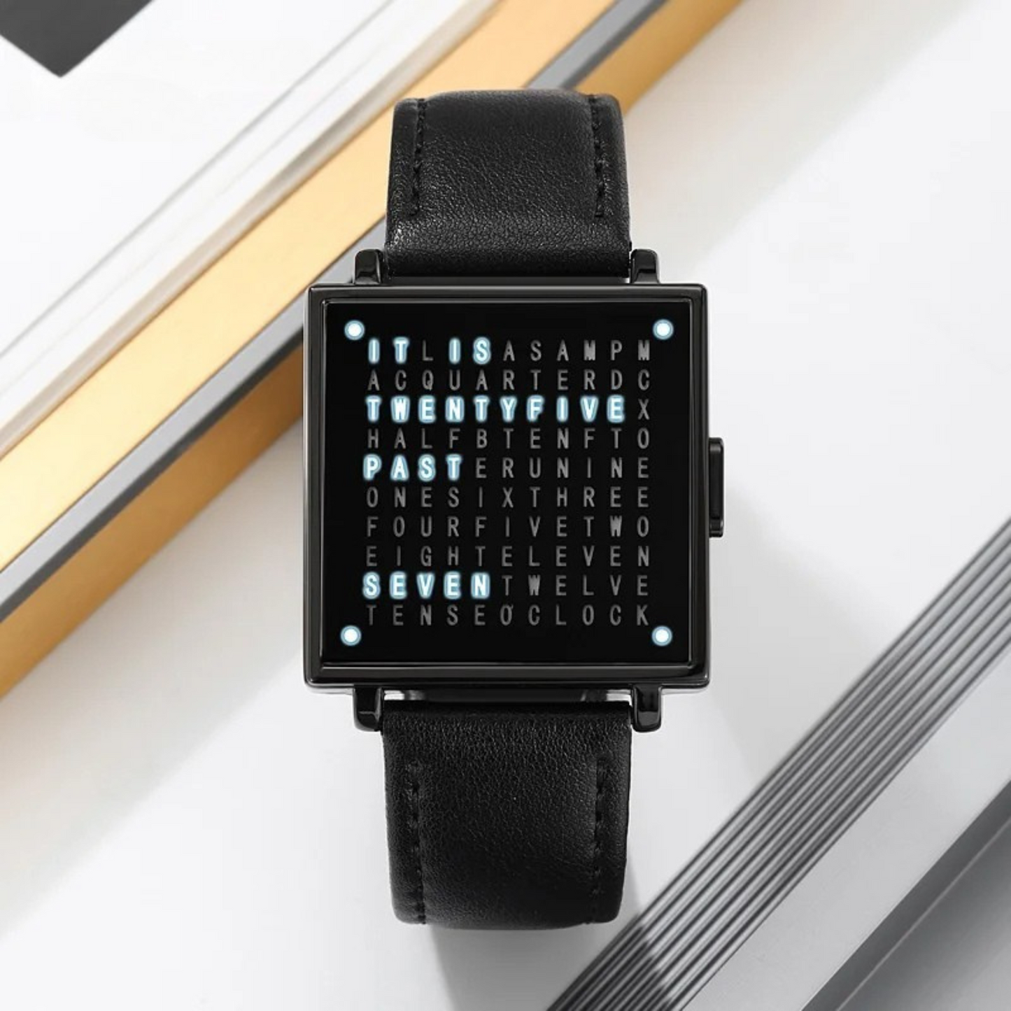 Water-resistant men's digital watch with a sharp LED display & premium leather strap. Modern, square design.