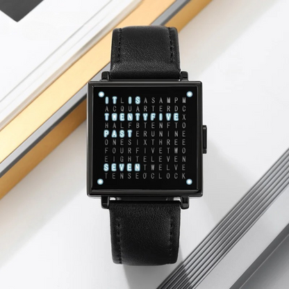 Water-resistant men's digital watch with a sharp LED display & premium leather strap. Modern, square design.