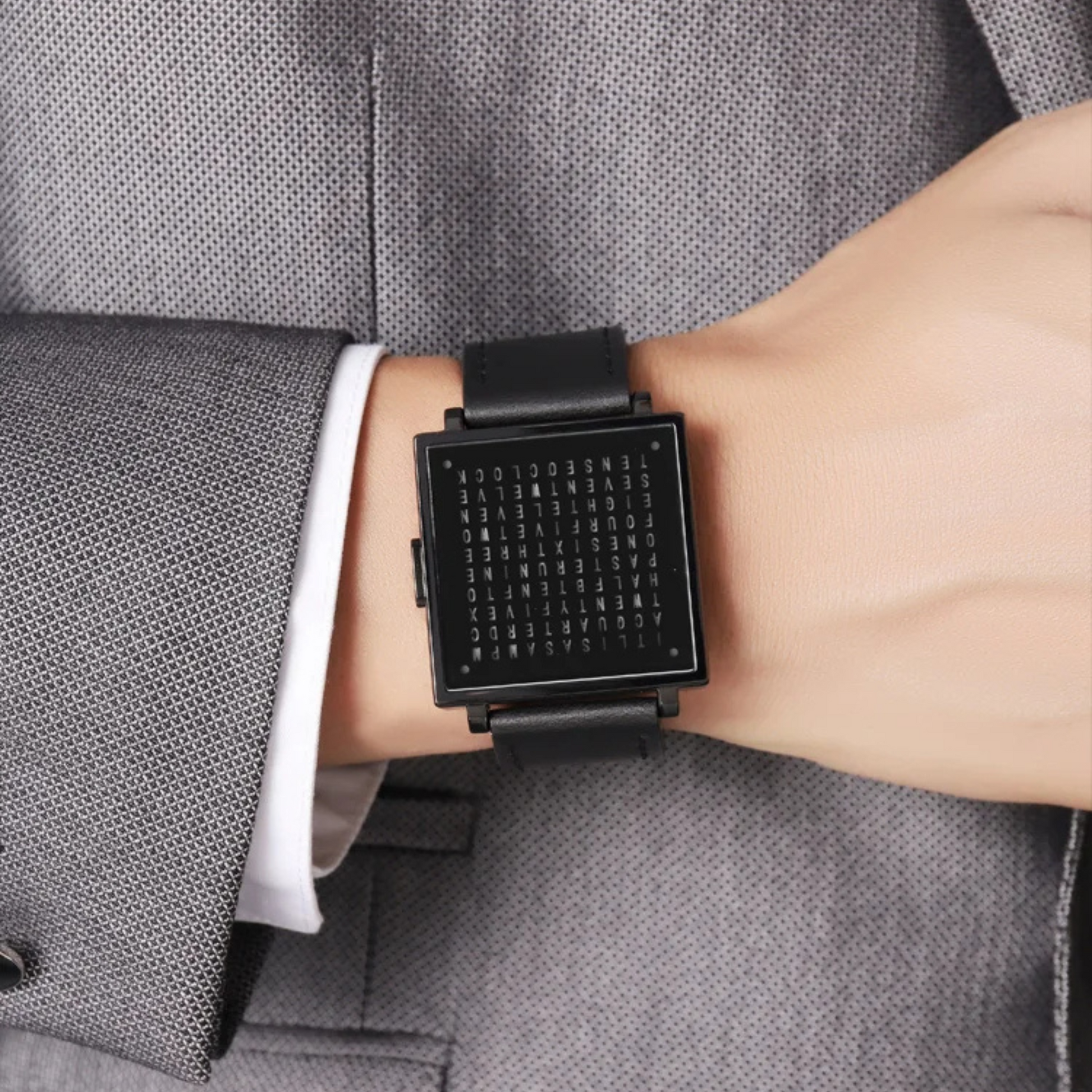 Versatile men's digital LED watch, black leather strap, square face. Combines modern style & functionality.