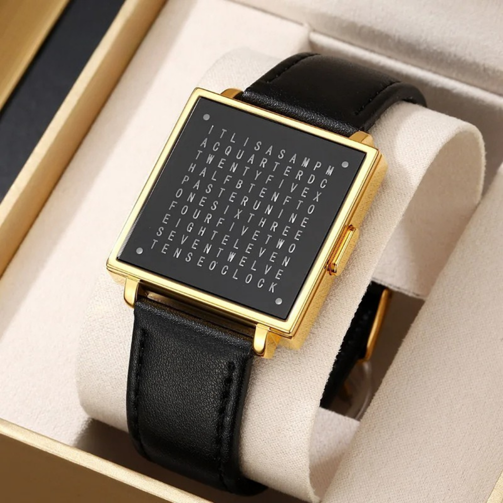 Close-up of men's digital LED watch showing time on a sleek square face with a comfortable leather strap.