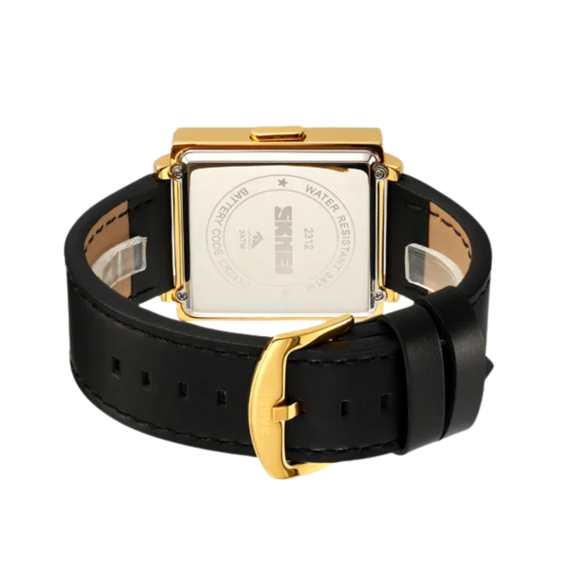 Modern men's digital watch, black leather strap, minimalist square LED display. Stylish accessory.