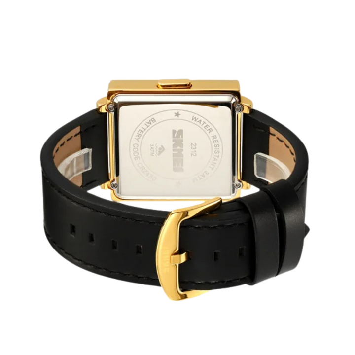 Modern men's digital watch, black leather strap, minimalist square LED display. Stylish accessory.