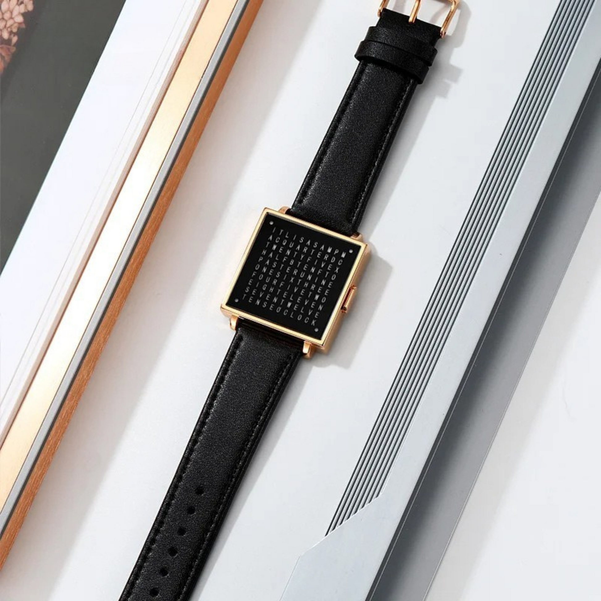 Man wearing a sleek, water-resistant digital LED watch with a black leather strap on his wrist.