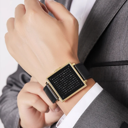 Black men's digital watch featuring a vibrant LED display & comfortable leather strap. Square face.