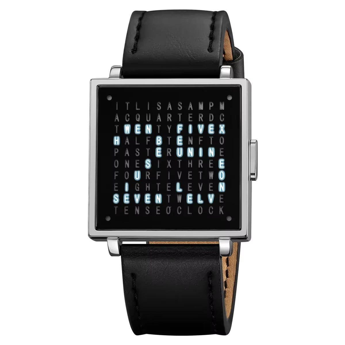 Minimalist men's digital watch with a striking LED display, modern square face, and genuine leather strap.