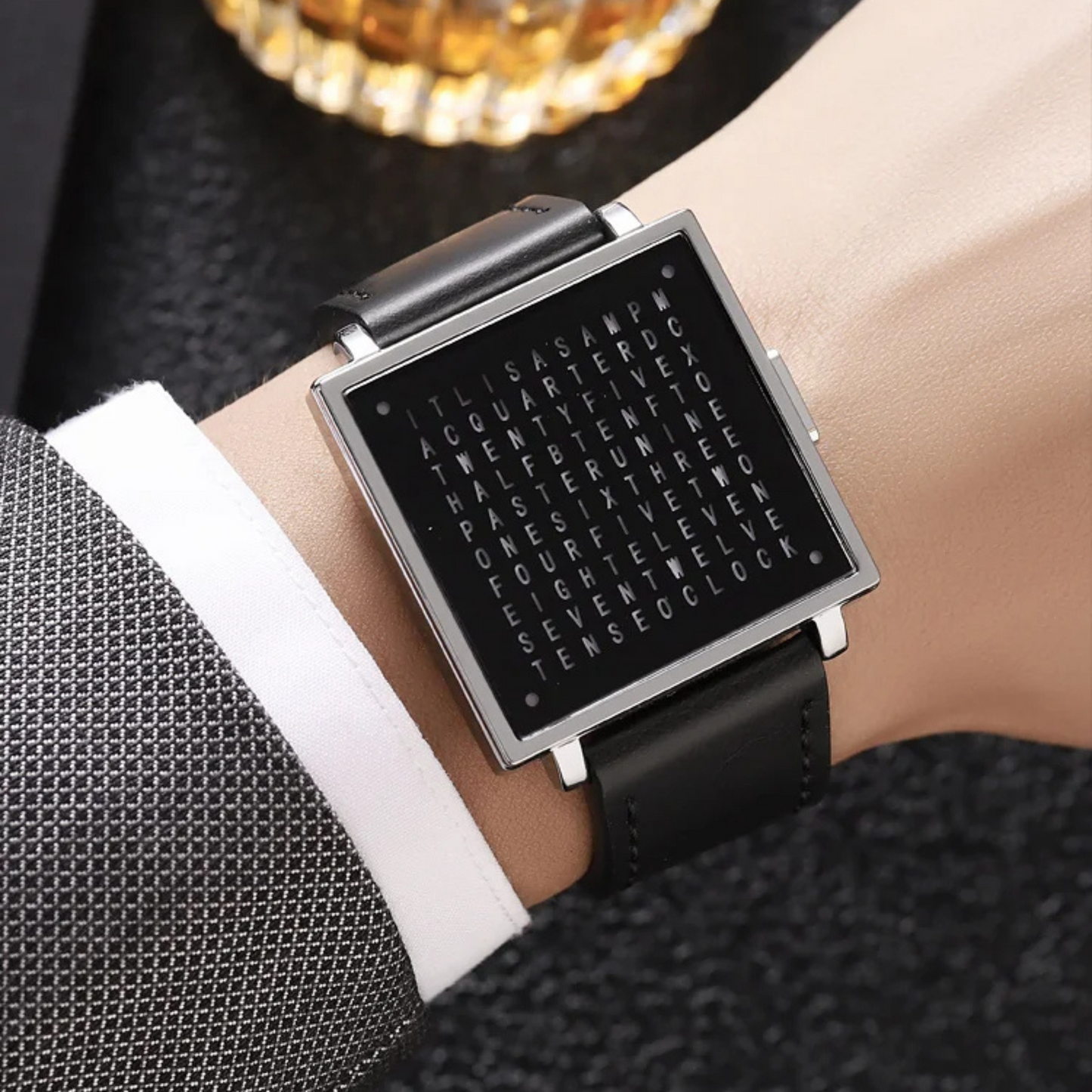 Men's contemporary digital LED watch with a square face & high-quality leather strap. A modern statement piece.