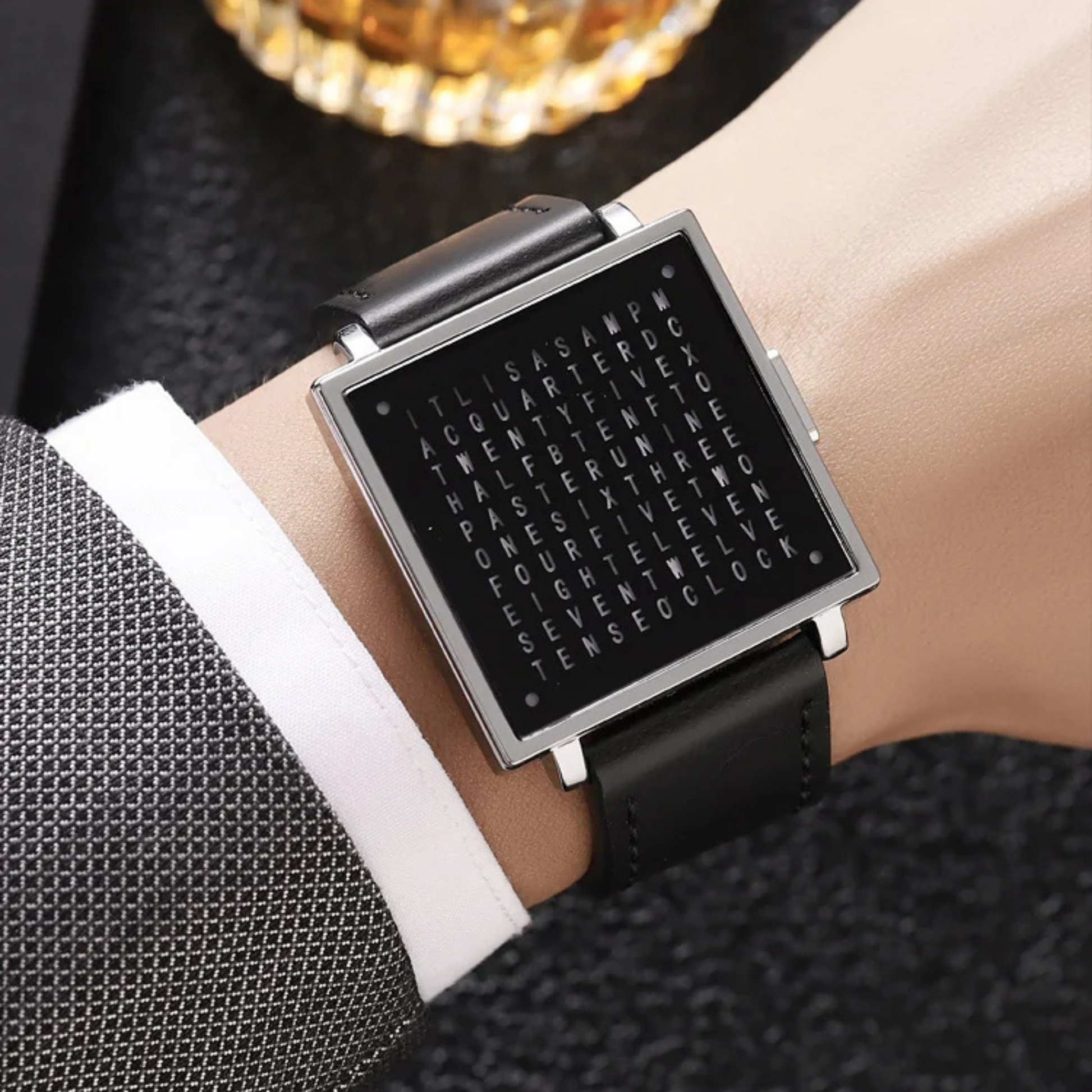 Men's contemporary digital LED watch with a square face & high-quality leather strap. A modern statement piece.