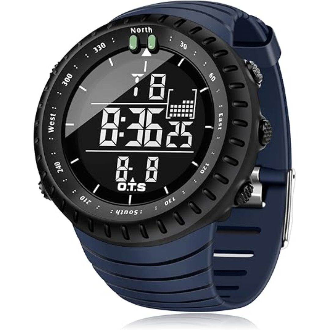 Rugged men's digital sports watch, shock resistant & waterproof outdoor gear for active lifestyles.