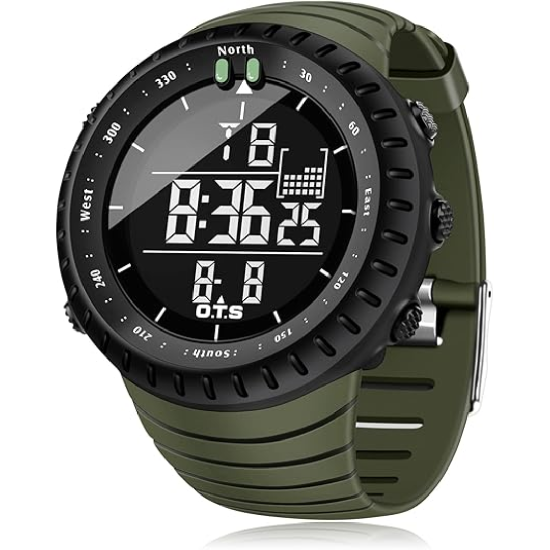 Stylish men's digital wristwatch, waterproof tactical gear for outdoor sports & adventure.