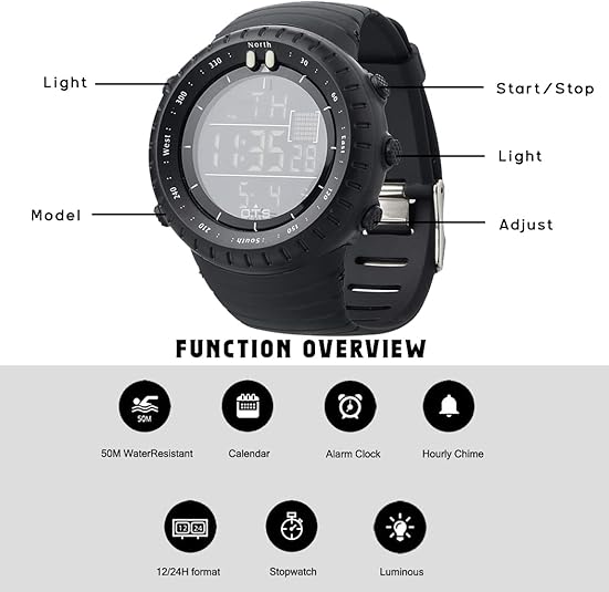 Adventure-ready men's digital watch, waterproof & shock resistant, essential outdoor gear for active men.