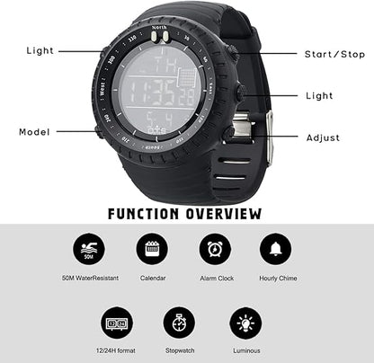 Adventure-ready men's digital watch, waterproof & shock resistant, essential outdoor gear for active men.