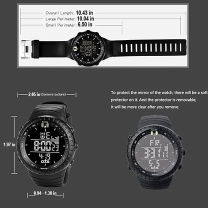 Robust men's digital sports watch, waterproof, shock resistant, essential outdoor adventure gear.
