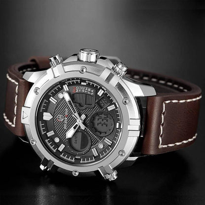 Close-up of Men's Digital Waterproof Quartz Watch face, showing time and date, tactical, rugged
