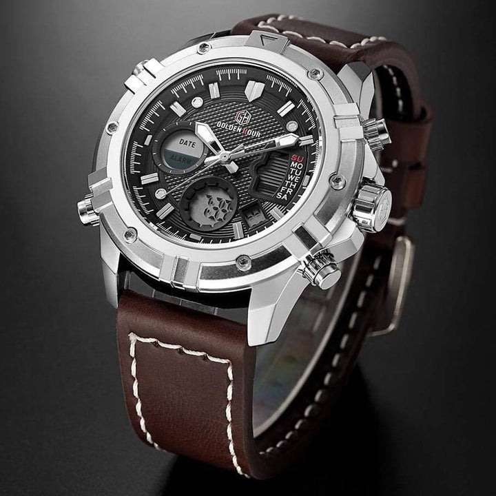 Men's military style digital watch on wrist, stainless steel band, suitable for outdoor sports