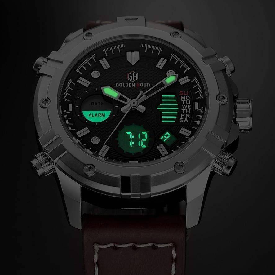 Side view of a waterproof men's digital quartz watch, black case, sturdy, tactical accessory