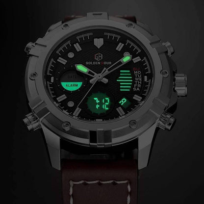 Side view of a waterproof men's digital quartz watch, black case, sturdy, tactical accessory