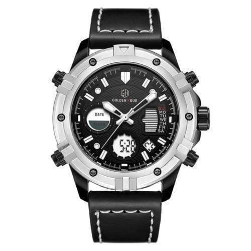 Tactical men's quartz watch, digital display, black with silver accents, waterproof, durable