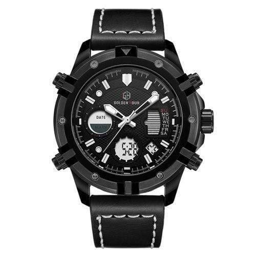 Angled view of a men's waterproof digital military watch, stainless steel, outdoor gear