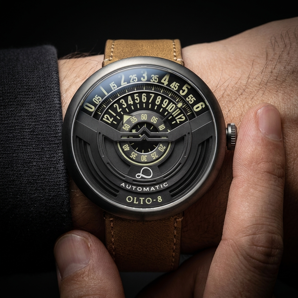 Men's distinctive automatic watch with elegant design & visible self-winding mechanical movement on leather strap.