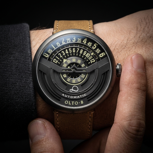 Men's distinctive automatic watch with elegant design & visible self-winding mechanical movement on leather strap.