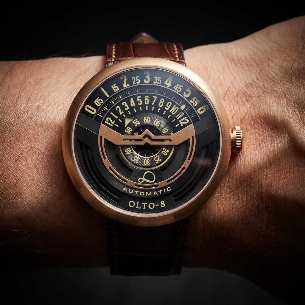 Luxury men's wrist watch: automatic, sapphire crystal, water resistant, durable brown leather strap.