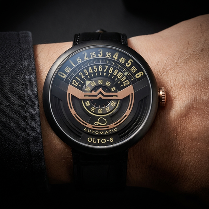 Classic men's automatic watch, elegant timepiece for daily wear, black dial, comfortable leather strap.