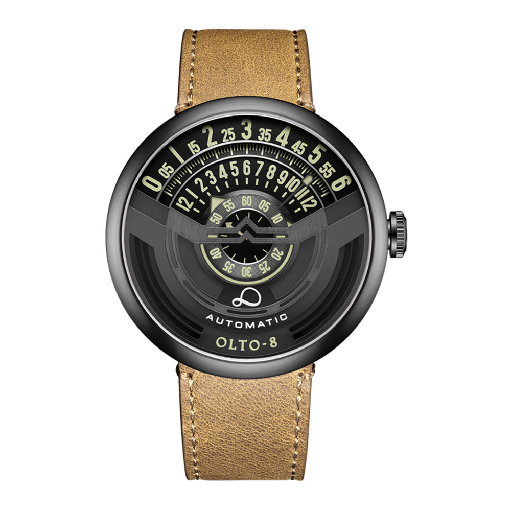 Distinctive men's automatic wrist watch, durable, water resistant, genuine leather strap, enduring style.