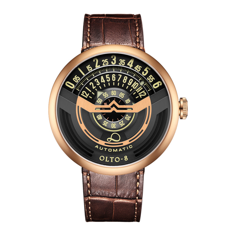 Elegant men's automatic watch, self-winding, with a dark leather strap and scratch-resistant sapphire crystal.