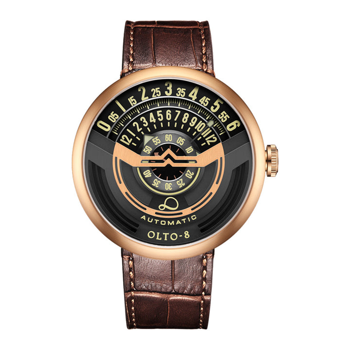 Elegant men's automatic watch, self-winding, with a dark leather strap and scratch-resistant sapphire crystal.