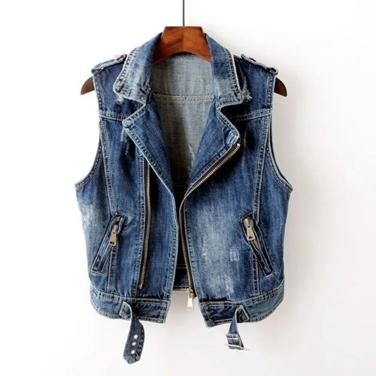 Men's distressed blue denim vest, featuring an asymmetric zip closure and a stylish belted hem.