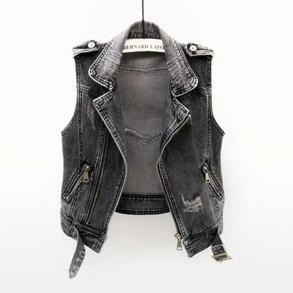 Edgy men's sleeveless denim jacket in a vintage wash, featuring an asymmetric zip & belted design.